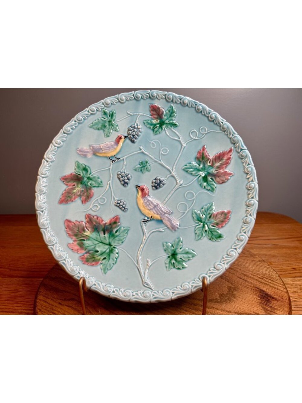 Antique Majolica Germany Turquoise Charger Plate 11" Birds & Berries